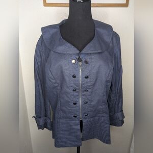 Tres Jolie Linen Blue Womens Zip Up Collared Jacket Double Row Accent Buttons XL